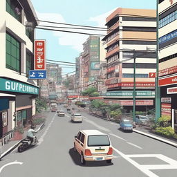 A detailed street scene of Bandung city, complete with traffic signs