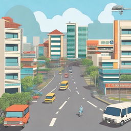 A detailed street scene of Bandung city, complete with traffic signs