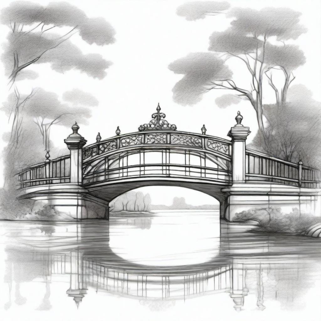 A detailed sketch of a bridge spanning across a body of water