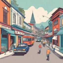 A detailed and vibrant illustration of Jalan Braga in Kota Bandung