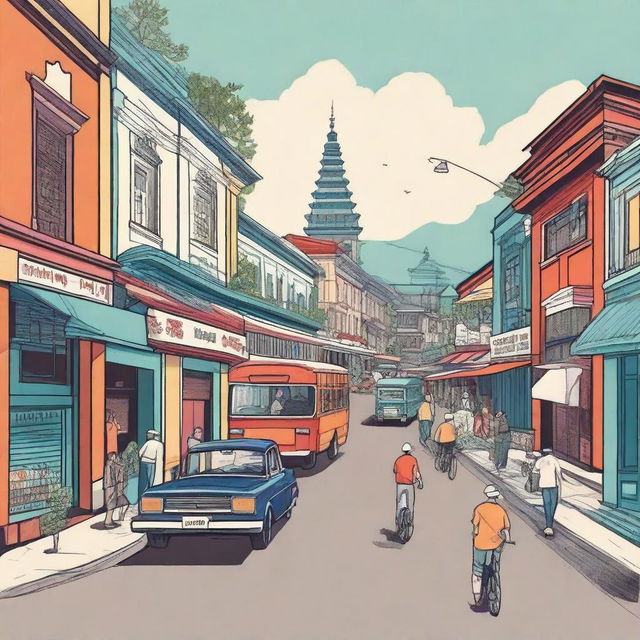 A detailed and vibrant illustration of Jalan Braga in Kota Bandung