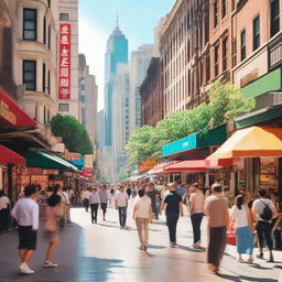 A bustling city street with tall buildings, busy sidewalks filled with people, and various shops and cafes