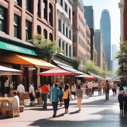 A bustling city street with tall buildings, busy sidewalks filled with people, and various shops and cafes