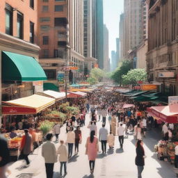 A bustling city street with tall buildings, busy sidewalks filled with people, and various shops and cafes