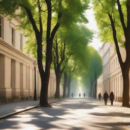 A serene street scene featuring people leisurely walking down a picturesque avenue lined with trees and charming buildings