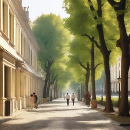 A serene street scene featuring people leisurely walking down a picturesque avenue lined with trees and charming buildings