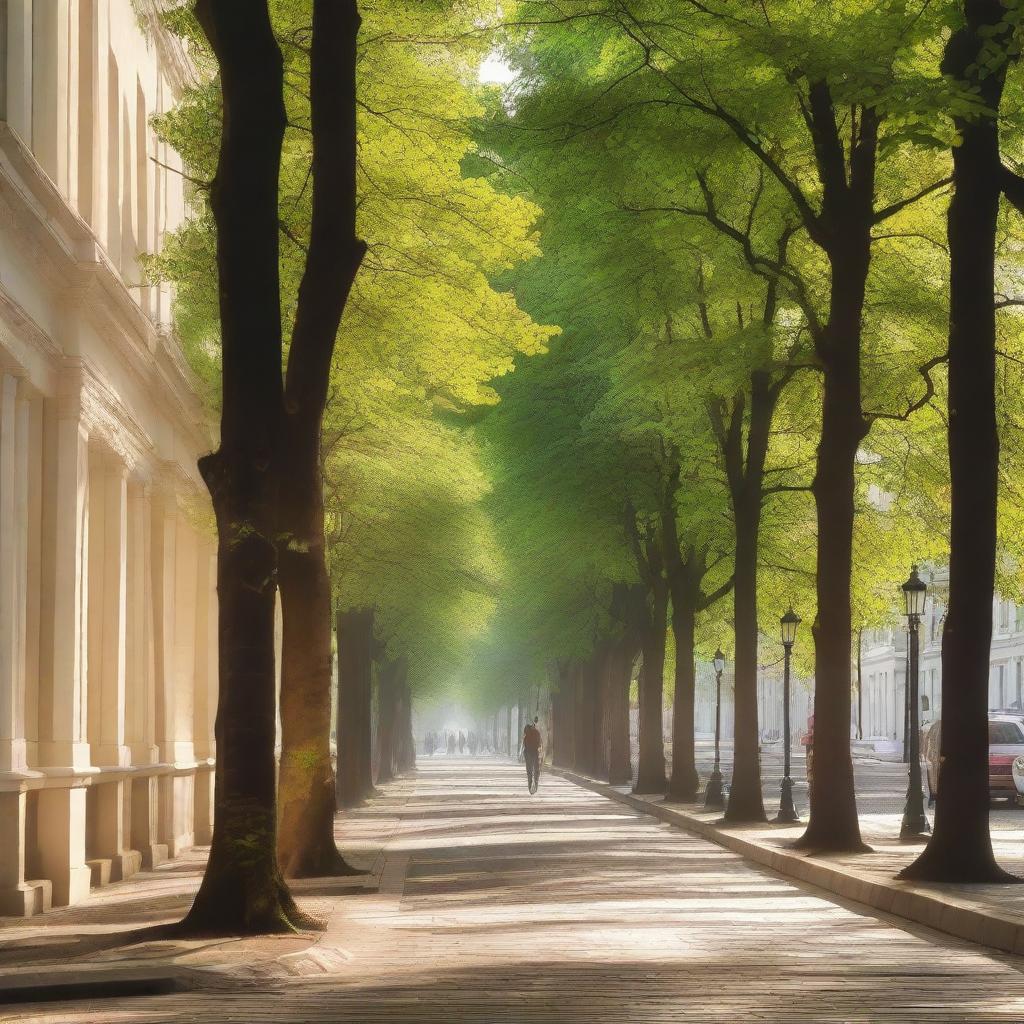 A serene street scene featuring people leisurely walking down a picturesque avenue lined with trees and charming buildings