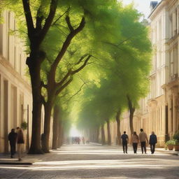 A serene street scene featuring people leisurely walking down a picturesque avenue lined with trees and charming buildings