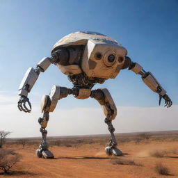 androide subido a un rinoceronte robot gastado en medio de la estepa africana escenario futurista naves volando detras cielo estrellado con planetas