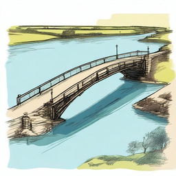 A colored sketch of a bridge showing its road