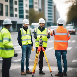 A group of engineers conducting road measurements