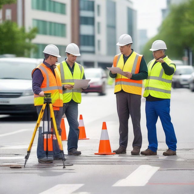 A group of engineers conducting road measurements