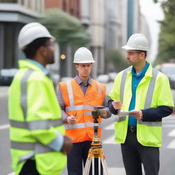 A group of engineers conducting road measurements