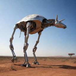 androide subido a un rinoceronte robot gastado en medio de la estepa africana escenario futurista naves volando detras cielo estrellado con planetas