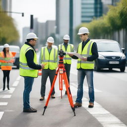 A group of engineers conducting road measurements