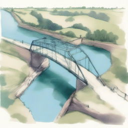 A colored sketch of a bridge viewed from above, showing its wide road that covers two-thirds of the image