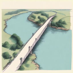 A colored sketch of a bridge viewed from above, showing its wide road that covers two-thirds of the image