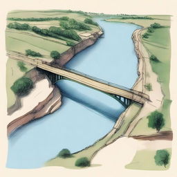 A colored sketch of a bridge viewed from above, showing its wide road that covers two-thirds of the image