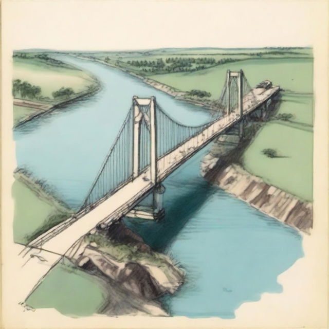 A colored sketch of a bridge viewed from above, showing its wide road that covers two-thirds of the image