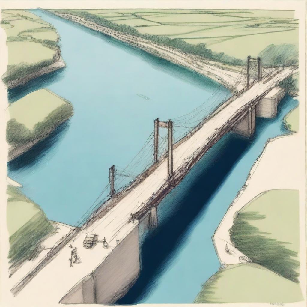 A colored sketch of a bridge viewed from above, showing its wide road that covers two-thirds of the image