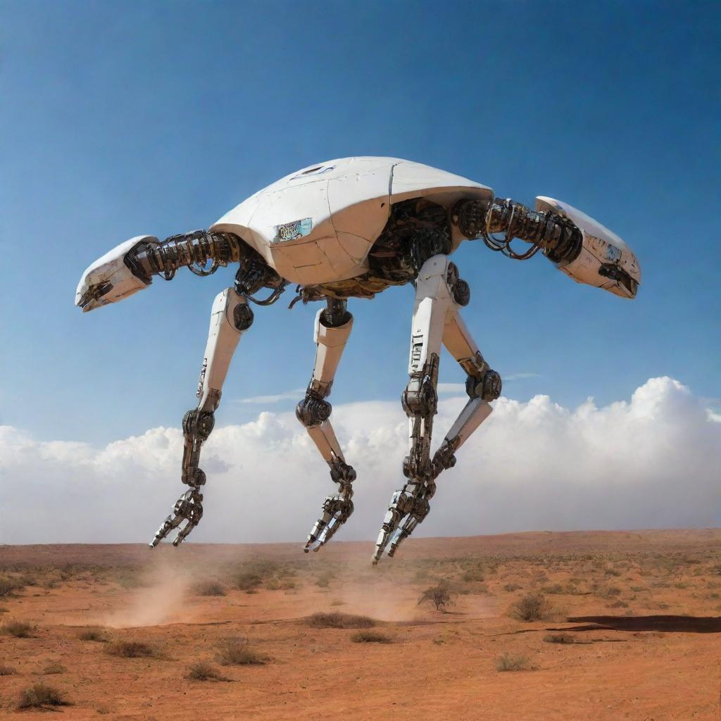 androide subido a un rinoceronte robot gastado en medio de la estepa africana escenario futurista naves volando detras cielo estrellado con planetas