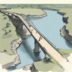 A colored sketch of a bridge viewed from above, showing its wide road that covers two-thirds of the image