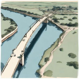 A colored sketch of a bridge viewed from above, showing its wide road that covers two-thirds of the image