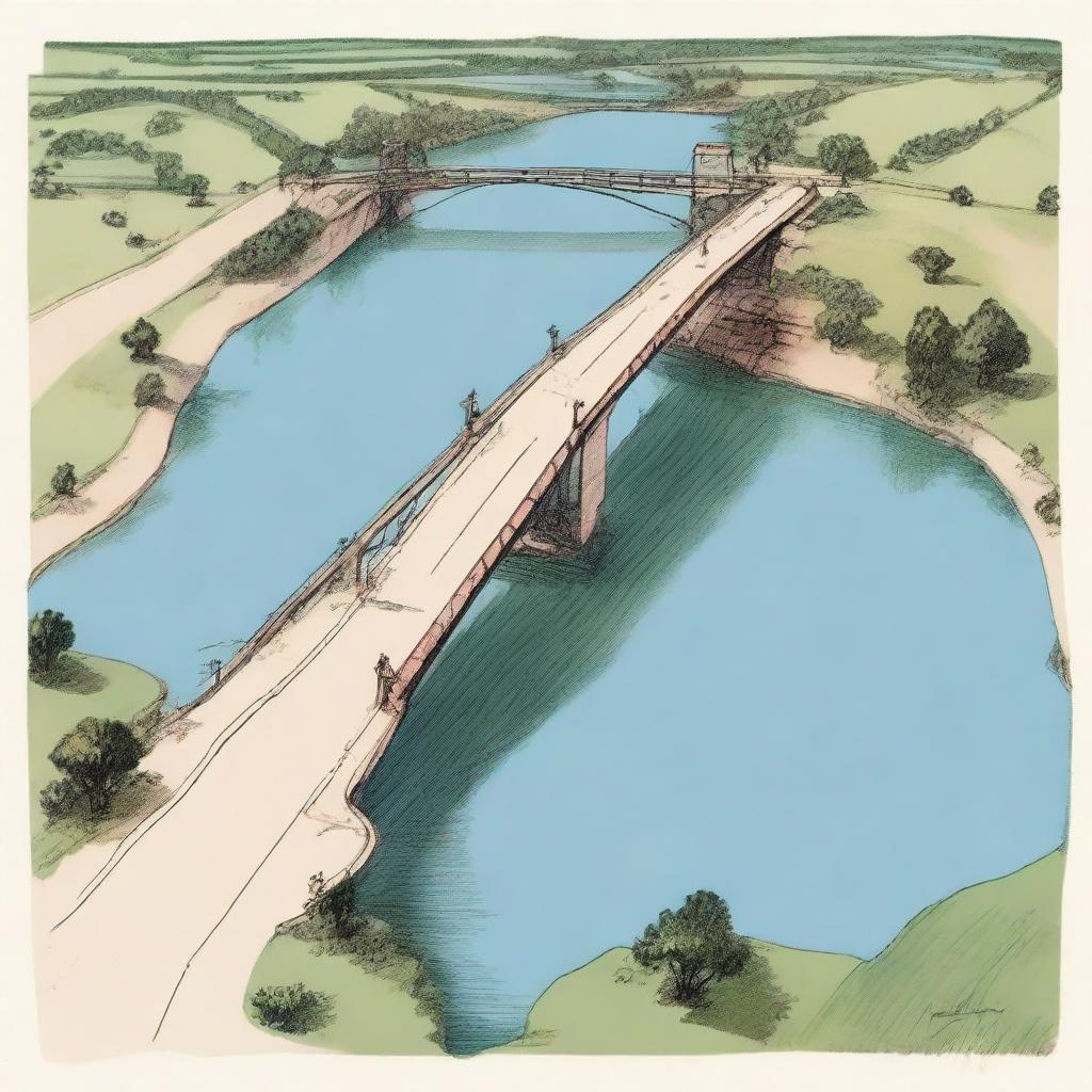 A colored sketch of a bridge viewed from above, showing its wide road that covers two-thirds of the image