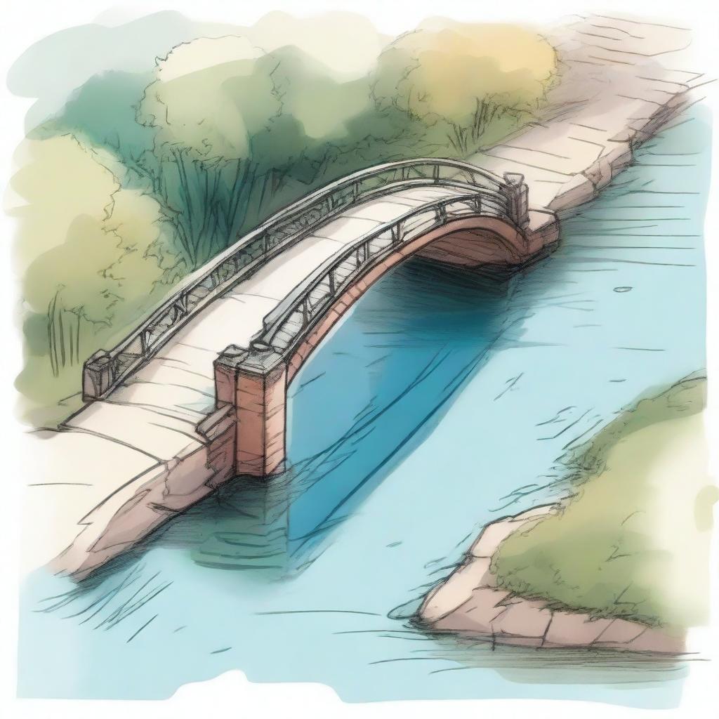 A colored sketch of a bridge from the top view, showing its road and the water flowing gently below