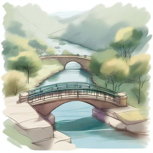 A colored sketch of a bridge from the top view, showing its road and the water flowing gently below