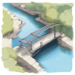 A colored sketch of a bridge from the top view, showing its road and the water flowing gently below