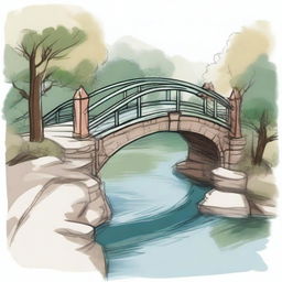 A colored sketch of a bridge from the top view, showing its road and the water flowing gently below