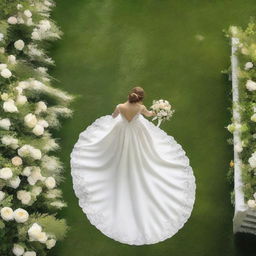 A top-down view of a bride on her wedding day, wearing a beautiful white gown with a long train