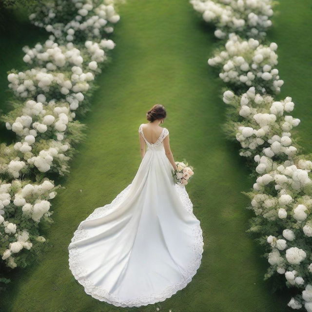 A top-down view of a bride on her wedding day, wearing a beautiful white gown with a long train