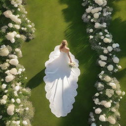 A top-down view of a bride on her wedding day, wearing a beautiful white gown with a long train