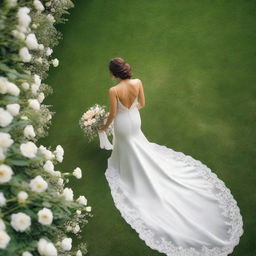 A top-down view of a bride on her wedding day, wearing a beautiful white gown with a long train