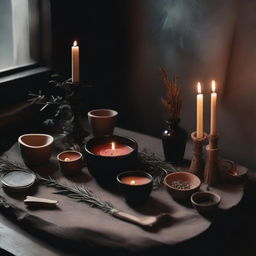 A scene depicting chaos magic being performed using a black candle on an altar