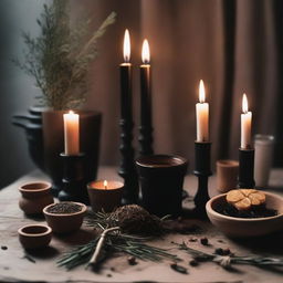 A scene depicting chaos magic being performed using a black candle on an altar