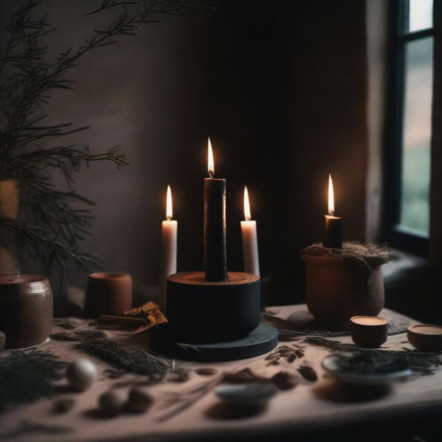 A scene depicting chaos magic being performed using a black candle on an altar