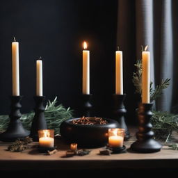 A scene depicting chaos magic being performed using a black candle on an altar