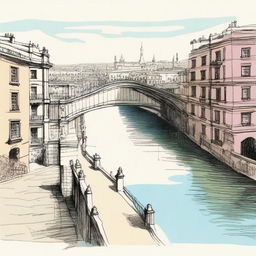 A colored sketch in a 16:9 aspect ratio depicting a bridge seen from the top of another bridge