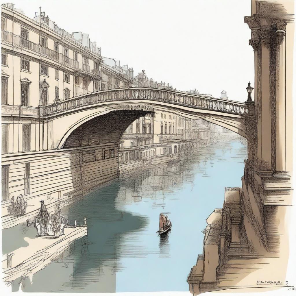 A colored sketch in a 16:9 aspect ratio depicting a bridge seen from the top of another bridge