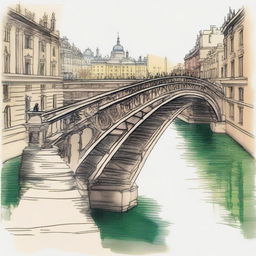 A colored sketch in a 16:9 aspect ratio depicting a bridge seen from the top of another bridge