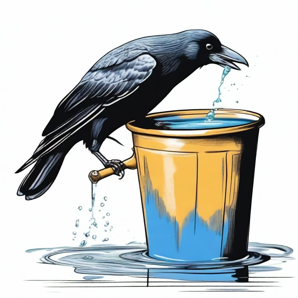 A detailed colored sketch of a crow attempting to drink water from a bucket