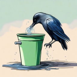 A detailed colored sketch of a crow attempting to drink water from a bucket