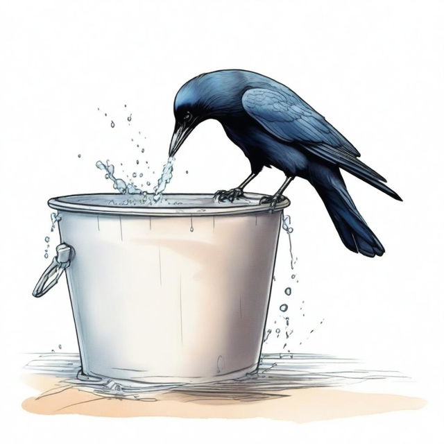 A detailed colored sketch of a crow attempting to drink water from a bucket