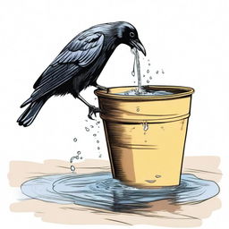 A detailed colored sketch of a crow attempting to drink water from a bucket