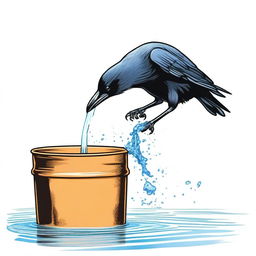 A detailed colored sketch of a crow struggling to drink water from a bucket