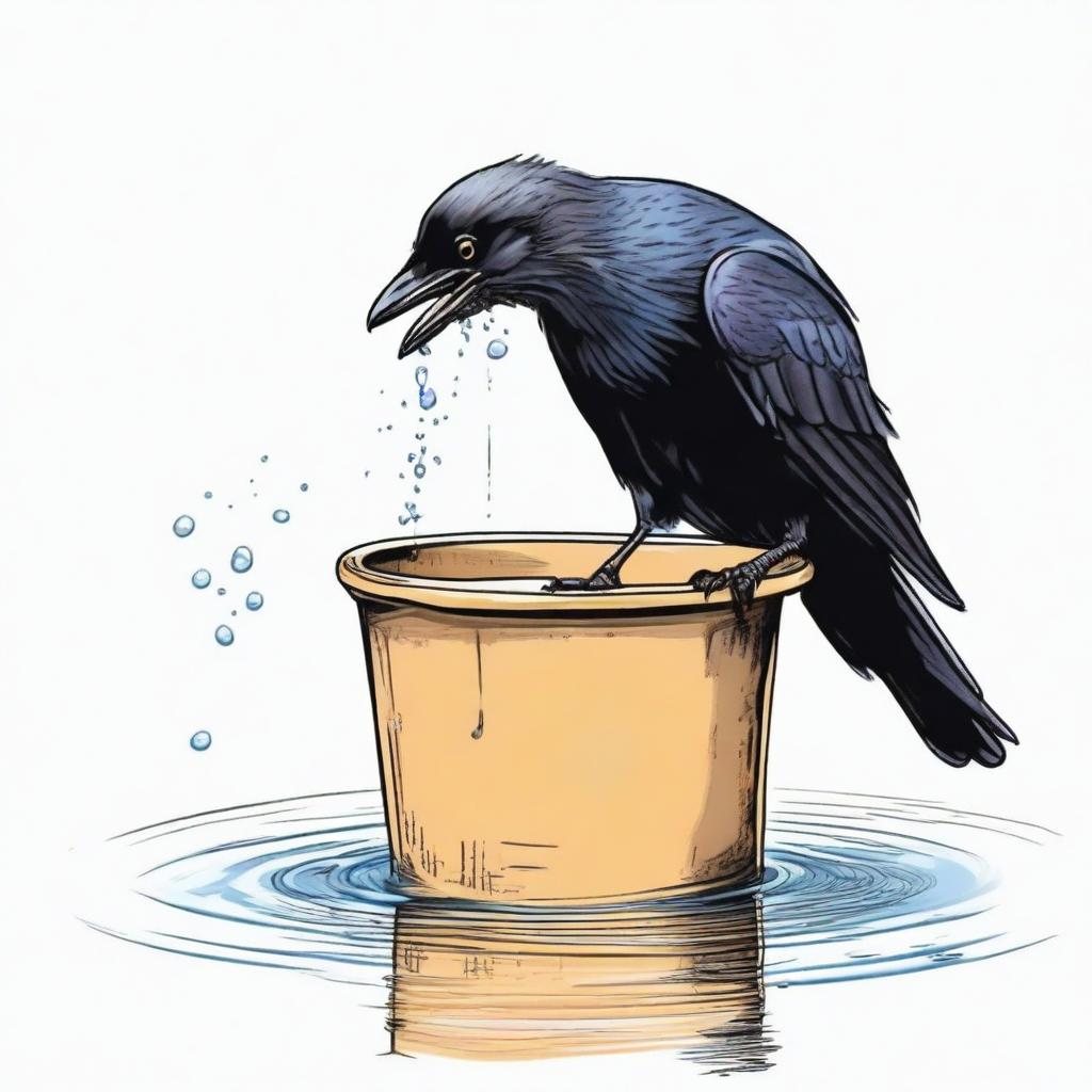 A detailed colored sketch of a crow struggling to drink water from a bucket