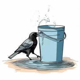 A detailed colored sketch of a crow struggling to drink water from a bucket